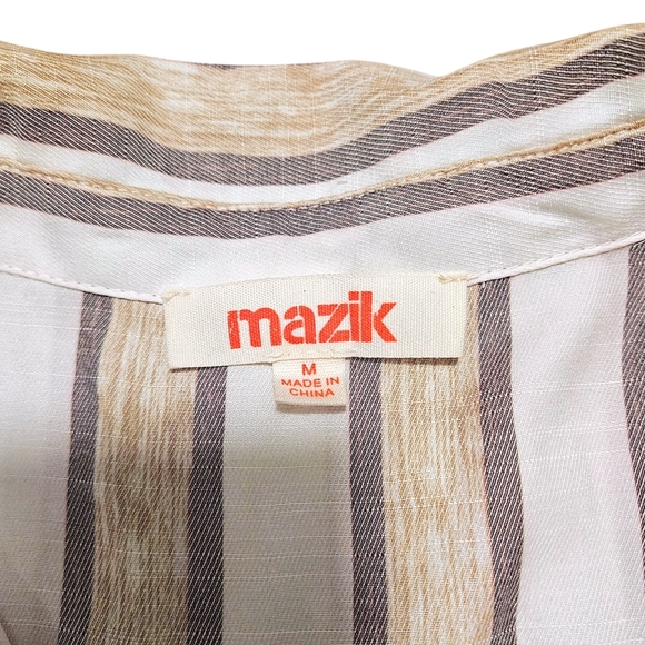 Striped Tunic Blouse Top M Relaxed Beige Brown Button Down Long Sleeve Coastal - Picture 4 of 9